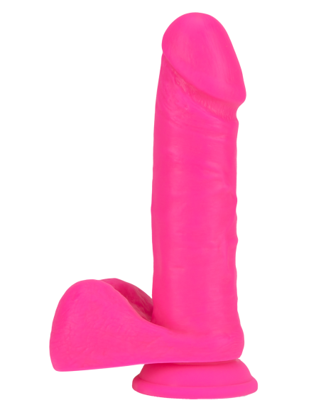 POLLA NEO ELITE DE 8 PULGADAS DE SILICONA DUAL DENSIDAD CON BOLAS ROSA NEÓN