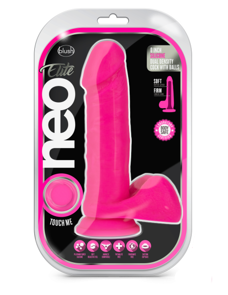 NEO ELITE DE 8 PULGADAS DE SILICONA DUAL DENSIDAD CON BOLAS ROSA NEÓN