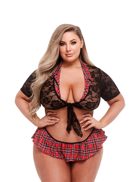 CONJUNTO DE TOP DE ENCAJE, CORBATA Y FALDA DE COLEGIALA DE TEACHERS PET-QUEEN