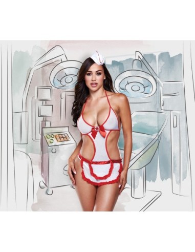 NEGLIGEE DE ENFERMERA CON DETALLES ROJOS Y GORRO