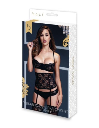 CONJUNTO DE 3 PANTY CINCHER LACY BRA NEGRO