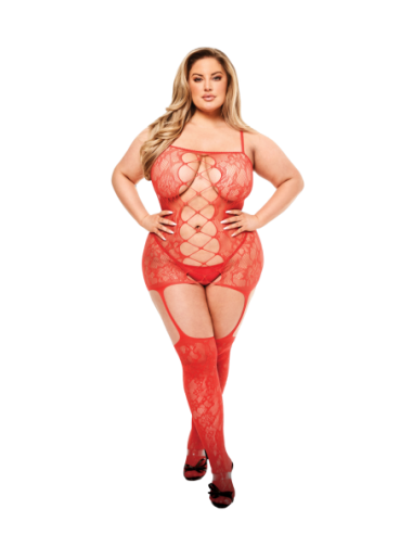 BODYSTOCKING DE ENCAJE CON TIRANTES DELANTEROS CORSÉ BACI ROJO, QUEEN