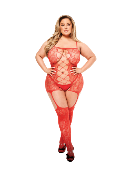 BODYSTOCKING DE ENCAJE CON TIRANTES DELANTEROS CORSÉ BACI ROJO, QUEEN