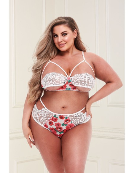 CONJUNTO DE SUJETADOR DE ENCAJE Y FLOR BLANCO, XL