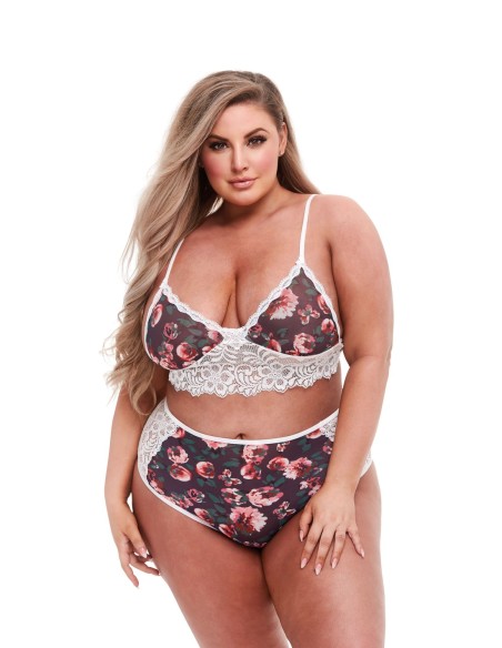 CONJUNTO SUJETADOR GRIS FLORAL Y ENCAJE, XL