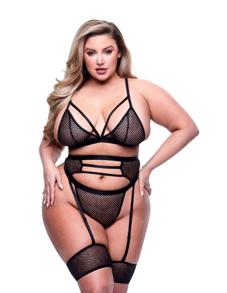 CONJUNTO DE 3 PIEZAS DE SUJETADOR, LIGA Y PANTY CON TIRAS NEGRO, QUEEN