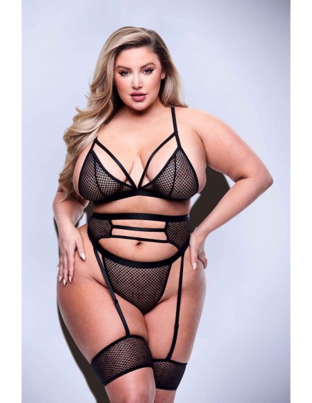 CONJUNTO DE 3 PIEZAS DE SUJETADOR, LIGA Y PANTY CON TIRAS NEGRO, QUEEN