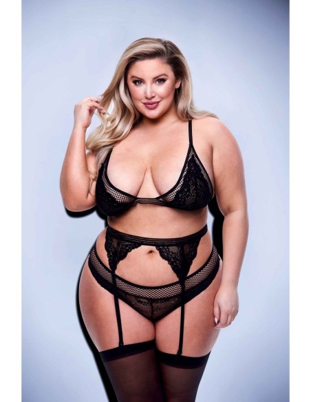 CONJUNTO DE SUJETADOR, LIGA Y PANTY DE ENCAJE Y MALLA DE 3 PIEZAS NEGRO, QUEEN