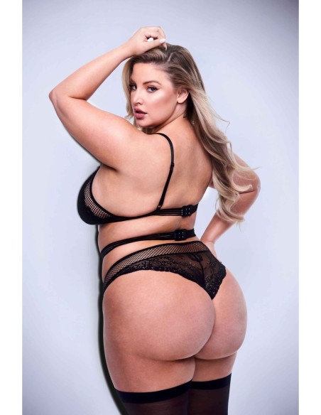 CONJUNTO DE SUJETADOR, LIGA Y PANTY DE ENCAJE Y MALLA DE 3 PIEZAS NEGRO, QUEEN