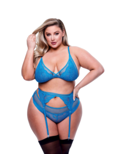 3PC LACE & MESH BRA, GARTER & PANTY SET BLUE, QUEEN