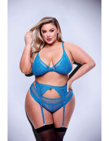3PC LACE & MESH BRA, GARTER & PANTY SET BLUE, QUEEN