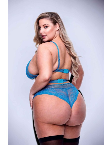 3PC LACE & MESH BRA, GARTER & PANTY SET BLUE, QUEEN