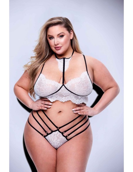 CONJUNTO DE BRAGAS Y SUJETADOR DE ENCAJE CON TIRAS DE 2 PIEZAS NEGRO, QUEEN