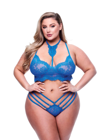 2PC STRAPPY LACE BRA & PANTY SET BLUE, QUEEN