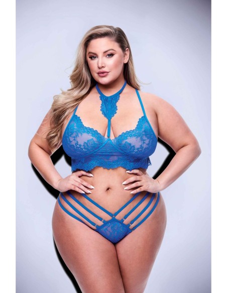 CONJUNTO DE BRAGAS Y SUJETADOR DE ENCAJE DE TIRAS DE 2 PIEZAS AZUL, REINA