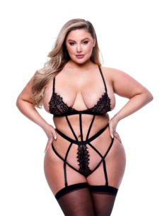 PELUCHE SEXY DE ENCAJE CON TIRAS Y LIGAS NEGRO, QUEEN