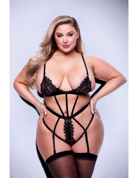 PELUCHE SEXY DE ENCAJE CON TIRAS Y LIGAS NEGRO, QUEEN