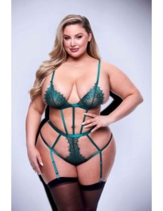 SEXY STRAPPY LACE TEDDY WITH GARTERS GREEN, QUEEN 2