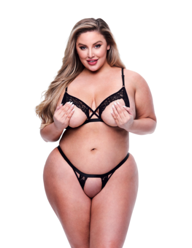 BACI CONJUNTO DE 2 PIEZAS DE SUJETADOR PEEKABOO Y PANTY CON ESPALDA ABIERTA SIN ENTREpierna NEGRO, QUEEN