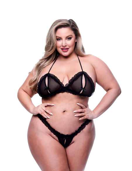 BACI CONJUNTO DE 2 PIEZAS DE SUJETADOR PEEKABOO Y TANGA SIN ENTREPIEZA NEGRO, QUEEN