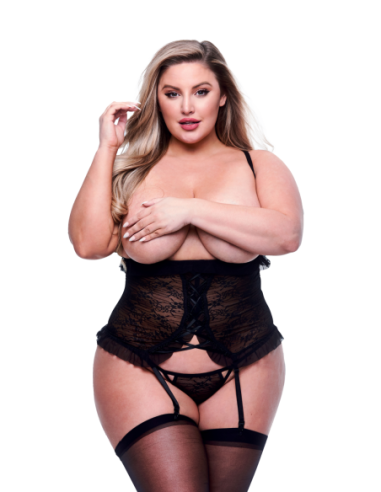 BACI CONJUNTO DE 2 PIEZAS PEEKABOO BUSTIER Y G-STRING NEGRO, QUEEN