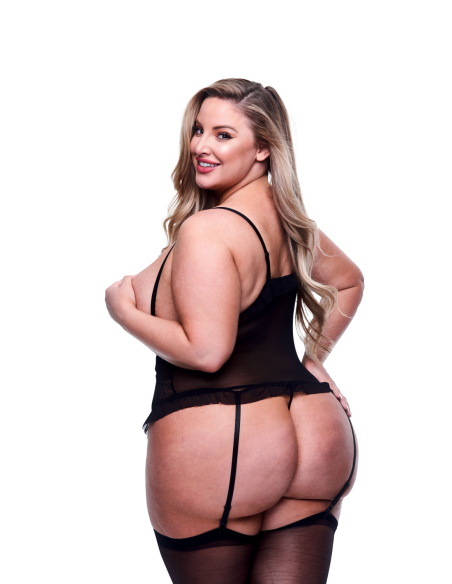 BACI CONJUNTO DE 2 PIEZAS PEEKABOO BUSTIER Y G-STRING NEGRO, QUEEN