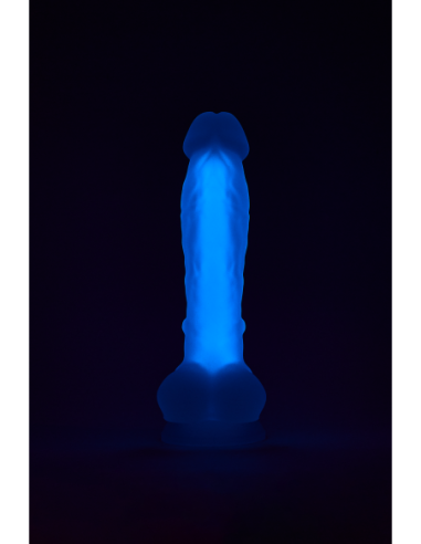 DILDO RADIANTE DE SILICONA SUAVE QUE BRILLA EN LA OSCURIDAD MORADO MEDIO