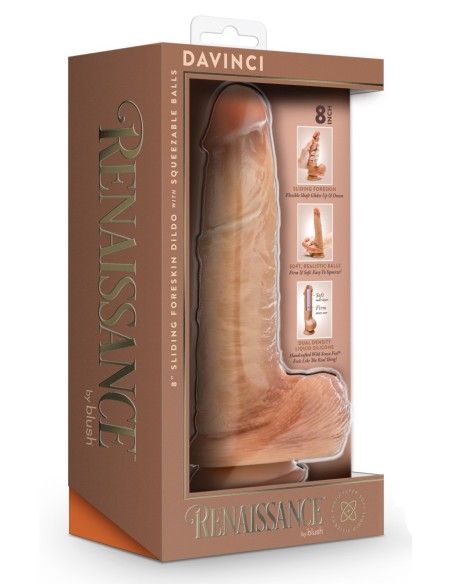 RENAISSANCE DAVINCI 8 INCH SLIDING FORESKIN DILDO WITH SQUEEZABLE BALLS TAN