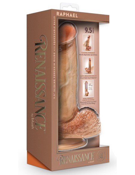 RENAISSANCE RAPHAEL 9.5 INCH SLIDING FORESKIN DILDO WITH SQUEEZABLE BALLS TAN