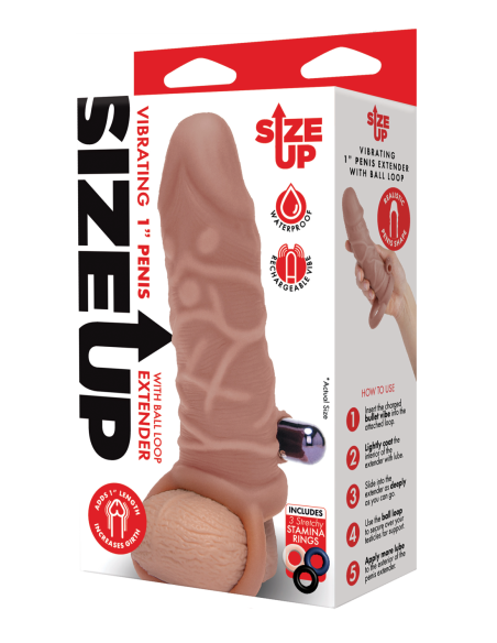 SIZE UP SILICONE VIBRATING REALISTIC PENIS EXTENDER WITH BALL LOOP TAN