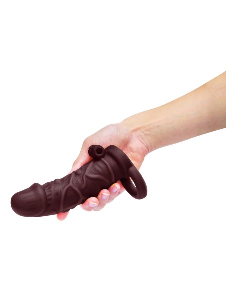 SIZE UP SILICONE VIBRATING REALISTIC PENIS EXTENDER WITH BALL LOOP DARK TAN