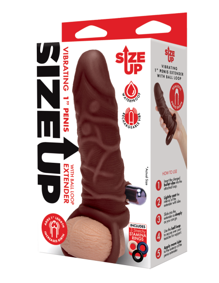 SIZE UP EXTENSOR DE PENE REALISTA VIBRADOR DE SILICONA CON LAZO DE BOLA BRONCEADO OSCURO