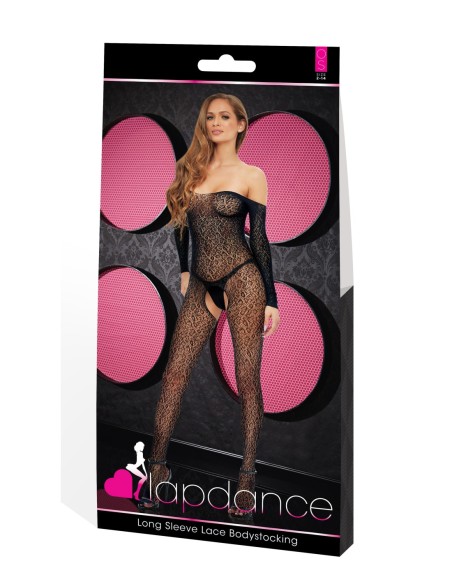LAPDANCE LONG SLEEVE LACE BODYSTOCKING BLACK, OS