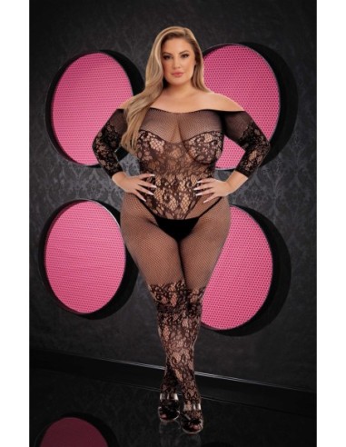 LAPDANCE BODYSTOCKING DE ENCAJE CON HOMBROS DESCUBIERTOS NEGRO, REINA