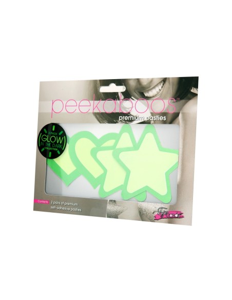 PEEKABOO PEZONERAS BRILLAN EN LA OSCURIDAD CORAZONES Y ESTRELLAS VERDES