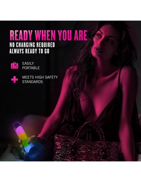 NEO ELITE GLOW IN THE DARK RAINBOW RAVE 6.5 INCH SILICONE DUAL DENSITY DILDO MULTICOLORED