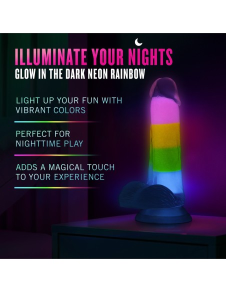NEO ELITE GLOW IN THE DARK RAINBOW RAVE 6.5 INCH SILICONE DUAL DENSITY DILDO MULTICOLORED