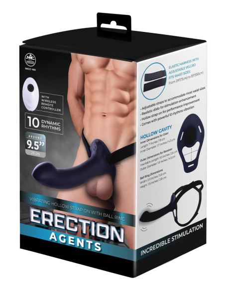 NMC 9.5 INCH RECHARGEABLE SILICONE VIBRATION HOLLOW STRAP ON WITH BALL RING BLACK