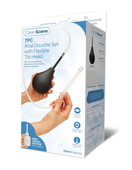 CLEANSCENE 225ML 7PCS SET DE DUCHA ANAL CON CABEZAL DE PUNTA FLEXIBLE