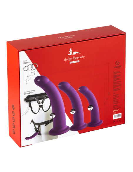 VIRGITE  UNIVERSAL HARNESS WITH PURPLE DILDO SET SIZES S M L PURPLE