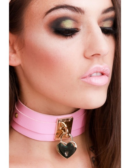 KINKY DIVA HEART LOCK & KEY COLLAR PINK/GOLD