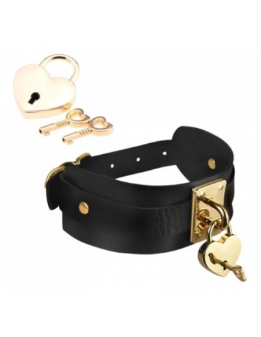 KINKY DIVA HEART LOCK & KEY COLLAR BLACK/GOLD