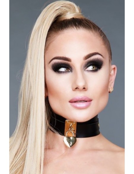 KINKY DIVA HEART LOCK & KEY COLLAR BLACK/GOLD