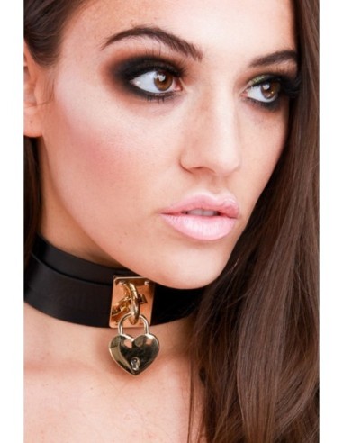 KINKY DIVA HEART LOCK & KEY COLLAR BLACK/GOLD
