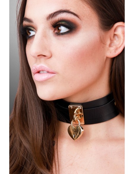 KINKY DIVA HEART LOCK & KEY COLLAR BLACK/GOLD