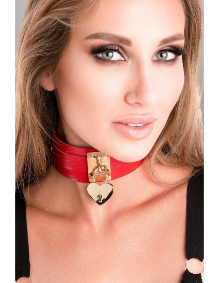 KINKY DIVA HEART LOCK & KEY COLLAR RED/GOLD