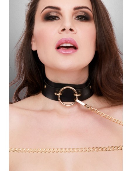 KINKY DIVA O-RING FRONT COLLAR + LEASH BLACK/GOLD