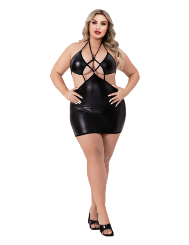 CRISS CROSS WETLOOK HALTER MINI DRESS BLACK, Q