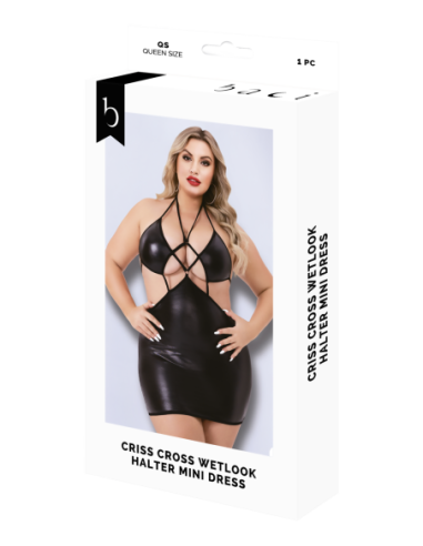 CRISS CROSS WETLOOK MINI VESTIDO HALTER NEGRO, Q