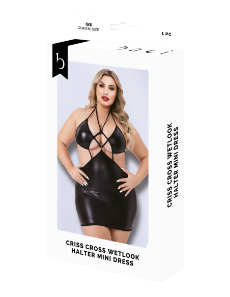 CRISS CROSS WETLOOK MINI VESTIDO HALTER NEGRO, Q